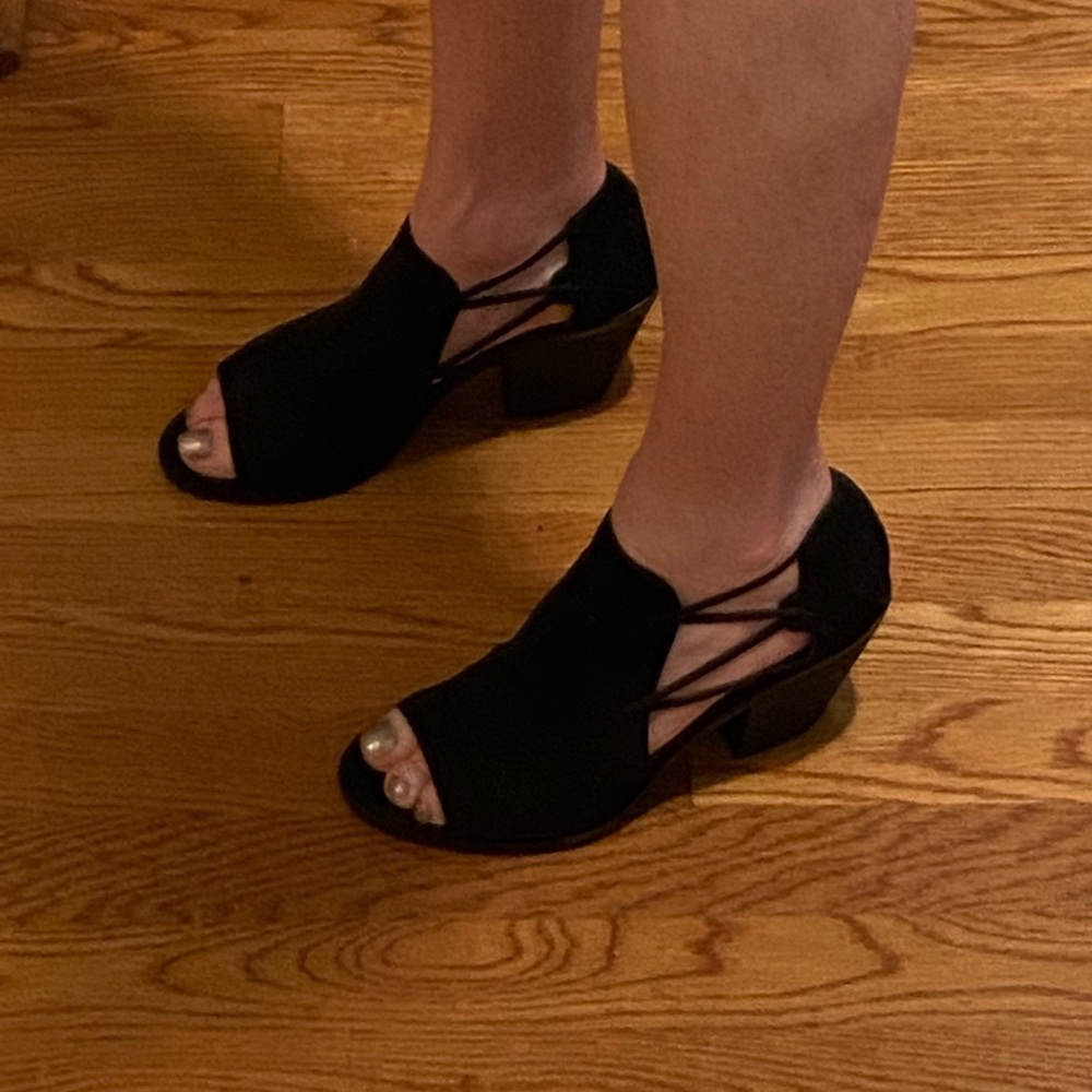 Eileen Fisher peep toe booties in black suede